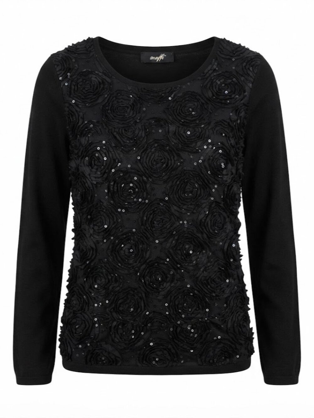 Muffin Black Floral Appliqué Sequin Sweatshirt Top